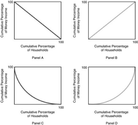   -Refer to the above figure. Which of the above graphs represents an unequal income distribution? A)  Panel A B)  Panel B C)  Panel C D)  Panel D
