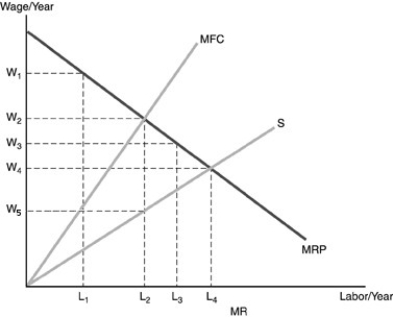   -Refer to the above figure. The monopsonistic exploitation is A)  W2 - W5. B)  W1 - W5. C)  W2 - W4. D)  W2 - W3.