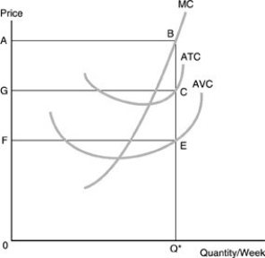   -Refer to the above figure. If the market price is equal to A, which statement can be made about economic profits? A)  Economic profits are positive and equal to ABCG. B)  Economic profits are positive and equal to ABEF. C)  Economic profits are negative and equal to GCEF. D)  Economic profits are negative and equal to ABQ0.  