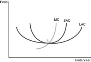   -Refer to the above figure. A perfectly competitive firm that is in long-run equilibrium will be operating A)  with positive economic profits. B)  at a quantity greater than point E. C)  at a quantity less than point E. D)  at point E.