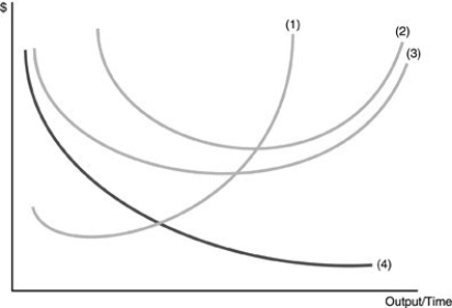   -Refer to the above figure. Curve (4)  is the A)  total fixed cost curve. B)  marginal product curve. C)  average fixed cost curve. D)  average variable cost curve.