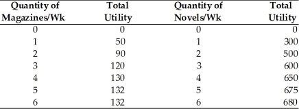   -Refer to the above table. If a consumer's optimum consists of 3 magazines and 6 novels, then A)  the price of a magazine is six times more than the price of a novel. B)  the price of a magazine is three times more than the price of a novel. C)  the price of a novel is more than five times more than the price of a magazine. D)  the price of a novel is six times more than the price of a magazine.