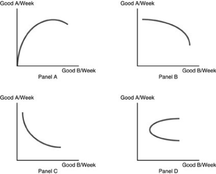   -Refer to the above figures. Which panel best represents an indifference curve? A)  Panel A B)  Panel B C)  Panel C D)  Panel D