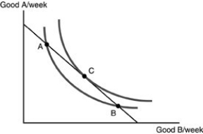   -Refer to the above figure. Given the indifference map and budget constraint represented above the consumer will maximize utility when she consumes at A)  point A. B)  point B. C)  point C. D)  either points A or B.