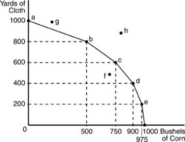   -In the above figure, which of the following points indicates the efficient use of resources? A)  a B)  f C)  g D)  h