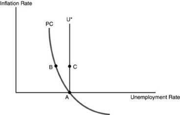   -Refer to the above figure. The economy initially is at point A. The Fed unexpectedly increases the money supply. Which of the following statements are TRUE? A)  In the short run, the economy will move from point A to point C. In the long run, the economy will move to point B. B)  In the short run, the economy will move from point A to point C. In the long run, the economy will move back to point A. C)  In the short run, the economy will move from point A to point B. In the long run, the economy will stay at point B. D)  In the short run, the economy will move from point A to point B. In the long run, the economy will move back to point A.