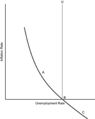   -Use the above figure. Assuming that policy actions are unanticipated, if the economy is at point A and the policy makers want to get to point B, they could A)  increase the money supply. B)  decrease taxation. C)  decrease the money supply. D)  increase government spending.