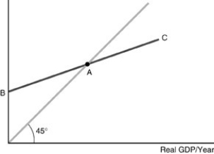   -The above figure shows a consumption function and a 45-degree line. Real consumption is a function of disposable income. Why is real GDP used here instead? What is measured along the vertical axis? What is measured by point B? Explain the significance of point A.