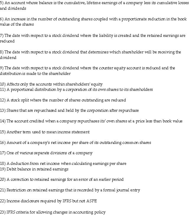  A) interest expense B) deficit C) earnings per share D) appropriation of retained earnings E) revenue recognition and matching F) reverse stock split G) statement of earnings   \mathrm{H}   ) record date of dividend I) retained earnings J) distribution date of dividend K) segment L) other comprehensive income M) declaration date of dividend N) treasury shares O) stock dividend P) prior-period adjustment Q) relevant and reliable R) contributed surplus S) preferred dividends T) stock split   