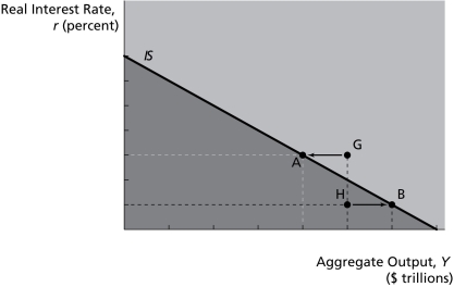IS Graph 1   -On the graph above,unplanned inventory investment is negative at point ________. A) A B) B C) G D) H E) none of the above
