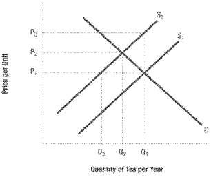 Use the following diagram to answer the following questions.    -Refer to Tea. Suppose the supply for tea decreases from S₁ to S₂. If price did not change, we would expect: A)  excess supply of Q₁ - Q₂ to develop. B)  excess supply of Q₁ - Q<sub>3</sub> to develop. C)  excess demand of Q₁ - Q₂ to develop. D)  excess demand of Q₁ - Q<sub>3</sub> to develop.