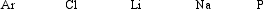 Arrange these elements in order of increasing ionization energy.   A)  P < Cl < Ar < Li < Na B)  Na < Li < P < Cl < Ar C)  Ar < Cl < Na < Li < P D)  Cl < Ar < Na < Li < P E)  P < Cl < Ar < Na < Li