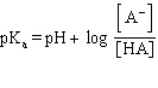 Which formula represents the Henderson-Hasselbalch equation for the generic acid HA? A)    B)    C)    D)    E)   