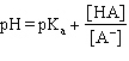 Which formula represents the Henderson-Hasselbalch equation for the generic acid HA? A)    B)    C)    D)    E)   