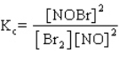  Consider the reaction    for which    . A sample of pure NOBr is isolated at low temperature. It is placed in a flask at a concentration of 0.200 M and warmed up to 50<sup> \circ </sup>C. When the reaction has come to equilibrium, the concentration of NOBr is 0.176 M. What is the value of K<sub>c</sub> at 50<sup> \circ </sup>C for this reaction? 