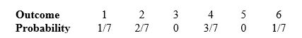 Here is an assignment of probabilities to the face that comes up when rolling a die once:   What is the approximate expected outcome when rolling this die? A)  3 B)  3.29 C)  3.5 D)  4 E)  4.29