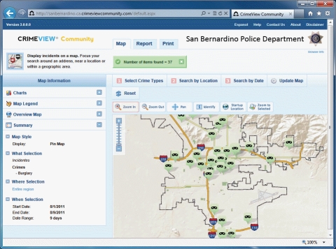   -The GIS in the figure above shows the locations of crime incidents based on the selected crime type,location,and date range.