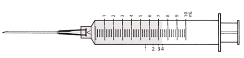 Refer to the diagram of the syringe provided.The nurse needs to withdraw 5.6 mL of medication into a syringe.The nurse fills the medication to which area on the syringe?   A)  1 B)  2 C)  3 D)  4