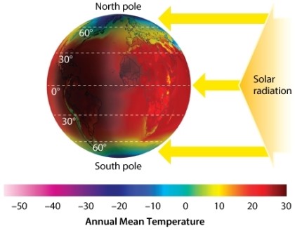 Consider the figure below (Figure 48.1) .   If the Earth spun on an axis that was perfectly perpendicular to the equator, how might this affect latitudinal differences in incoming solar radiation? A) There would be no latitudinal difference because the axis of the Earth would be perpendicular to the sun. B) There would be no latitudinal differences because all points on the Earth would be equidistant from the sun. C) There would still be latitudinal differences because latitude is not determined by the Earth's position on its axis D) There would still be latitudinal differences because incoming solar radiation would be spread across a greater area at the poles than at the equator.
