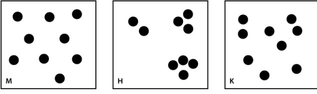 The figures below represent three hypothetical populations; each circle is an individual.   Select the pattern above that describes the following scenario: This is a social species. A) diagram M B) diagram H C) diagram K