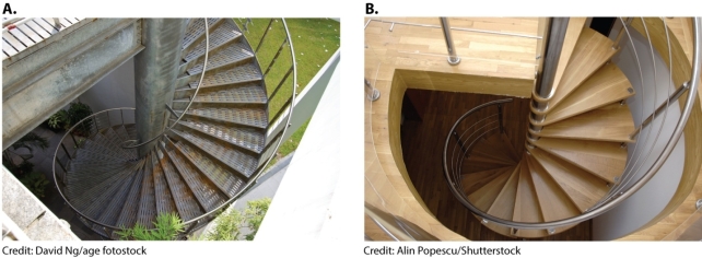 DNA is often described as having a shape like a spiral staircase. Which of the spiral staircases in the photos below is the better analogous representation of a DNA molecule?   A) A B) B