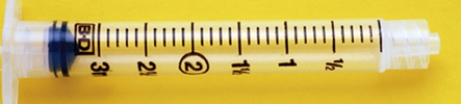 Draw an arrow on the syringe to indicate the precise dose.Indicate 1.3 mL.   