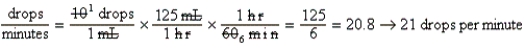 a.    b.Equation is balanced.Only drops per minute remain.Note: When the hourly rate is known,it can be entered in the equation.The total volume available (1000 mL)will not be needed in the equation.