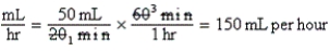 150 mL per hr (20 min* 3 = 60 min)(50 mL * 3 = 150 mL)  