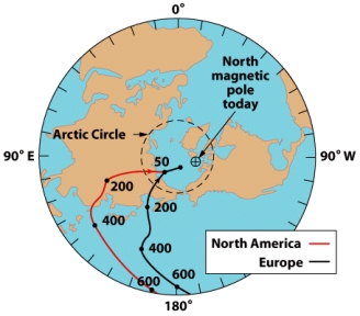 In the figure below,the north magnetic pole for North America 200 million years ago was located in modern day _______.   