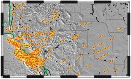 According to the diagram below,how do the GPS measurements of plate movements in the west-central United States compare with the plate movements in the southern California area?   