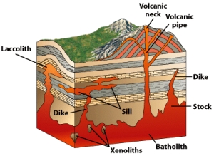 In the figure below,which of the igneous intrusive bodies is parallel to pre-existing bedding?   A) xenolith B) batholith C) pluton D) sill E) dike