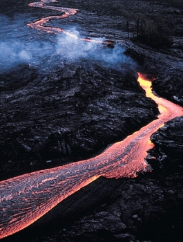 Which of the following terms best describes the lava in the figure below?   A) low viscosity B) high viscosity C) crystallized D) fractionated E) none of the above