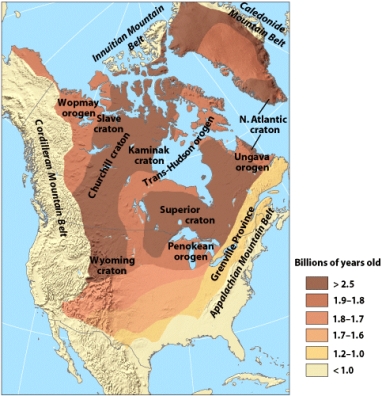 In the figure below,what is the approximate age of the Grenville Province?   A) 1) 2-1.0 billion years B) 1) 7-1.6 billion years C) 1) 8-1.7 billion years D) 1) 9-1.8 billion years E) >2.5 billion years
