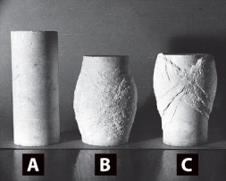According to the figure below,which of the following shows high confining pressure?   A) A B) B C) C D) A and C E) B and C