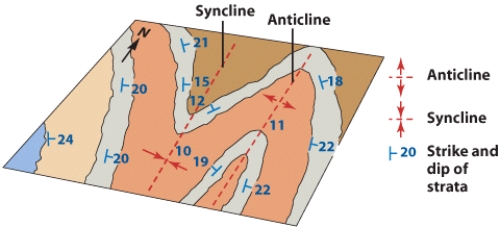In the figure below,the axis of the syncline is dipping at _____ degrees.   