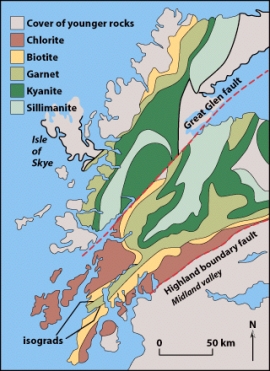 According to the figure below,_____ is the metamorphic index mineral that occurs directly north of the Great Glen Fault.   