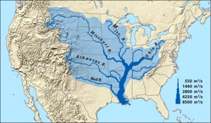 According to the figure below,the Ohio River eventually drains into which body of water?   A) Atlantic B) Pacific C) Interior D) Gulf of Mexico E) none of the above