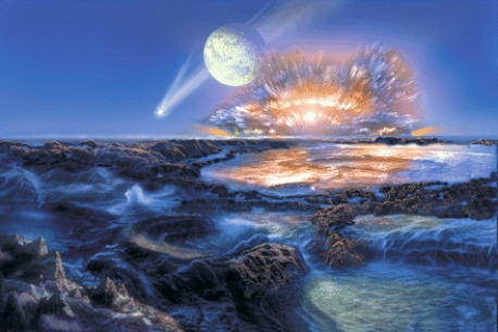The figure below indicates that water on Earth may have come originally from inside the Earth,through volcanoes,and from _____.   A) lakes B) the moon C) rainwater D) comets and meteorites E) stars