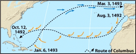 Christopher Columbus sailed west to America on which of the illustrated surface ocean currents?   A) Northeast Trades B) Horse Latitudes C) Prevailing Westerlies D) Polar Lows E) Doldrums