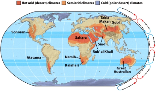 Deserts,both hot and cold,tend to occur in global zones of _____ dry air.   