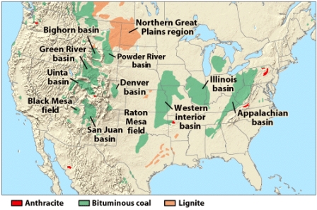 Coal-bearing strata in the Appalachian,Illinois and Western Interior coal basins,as shown on the map below,include up to 60 layers of coal,which miners term _____.   A) streaks B) zones C) runs D) formations E) seams
