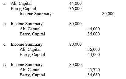 Ali had a $50,000 capital balance for eight months and a $65,000 balance for four months. Barry had a $38,000 capital balance for five months and a $50,000 balance for seven months. If the net income of the year is $80,000, the entry to show the distribution of income to each partner is:  