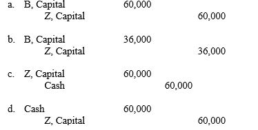 Z has bought B's interest in the A&B Partnership for a $60,000 direct payment to B. The capital balances before the sale were $24,000 and $36,000, respectively. The entry to record the purchase of interest in partnership is:  