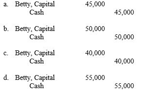 Partners Anne, Betty, and Charles share profits and losses in a 3:1:2 ratio, respectively. Betty wishes to leave the partnership, so the assets are revalued and are found to be overvalued by $30,000. If each partner had a capital balance of $50,000 prior to Betty's notification of withdrawal, the entry to record the Betty's withdrawal is:  