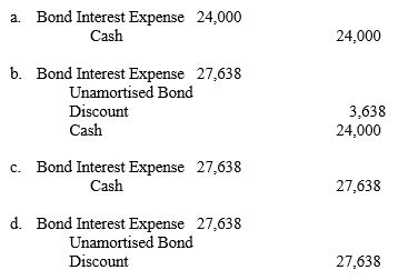 Lassen Corporation issued ten-year term bonds on January 1, 2010, with a face value of $800,000. The face interest rate is 6 percent and interest is payable semiannually on June 30 and December 31. The bonds were issued for $690,960 to yield an effective annual rate of 8 percent. The effective interest method of amortization is to be used. The entry to record the bond interest expense on the first interest payment date is: (Round answer to the nearest dollar.)  