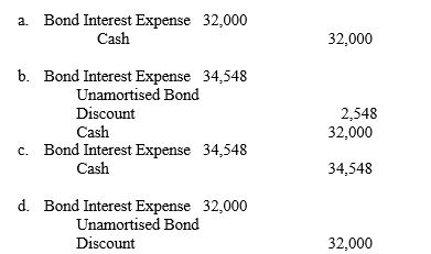 Lassen Corporation issued ten-year term bonds on January 1, 2010, with a face value of $800,000. The face interest rate is 8 percent and interest is payable semi-annually on June 30 and December 31. The bonds were issued for $690,960 to yield an effective annual rate of 10 percent. The effective interest method of amortization is to be used. The entry on June 30, 2010, to record the payment of interest and amortization of discount is:  