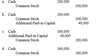 Use the following information to answer the question below. When Calvert Corporation was formed on January 1, 2010, the corporate charter provided for 50,000 shares of $20 par value common stock. The following transactions were among those engaged in by the corporation during its first month of operation: 1. The corporation issued 200 shares of stock to its lawyer in full payment of the $5,000 bill for assisting the company in drawing up its articles of incorporation and filing the proper papers with the state agency. 2. The company issued 8,000 shares of stock at a price of $25 per share. 3. The company issued 7,000 shares of stock in exchange for equipment that had a fair market value of $160,000. The entry to record transaction 2 is   