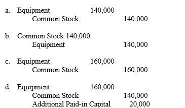 Use the following information to answer the question below. When Calvert Corporation was formed on January 1, 2010, the corporate charter provided for 50,000 shares of $20 par value common stock. The following transactions were among those engaged in by the corporation during its first month of operation: 1. The corporation issued 200 shares of stock to its lawyer in full payment of the $5,000 bill for assisting the company in drawing up its articles of incorporation and filing the proper papers with the state agency. 2. The company issued 8,000 shares of stock at a price of $25 per share. 3. The company issued 7,000 shares of stock in exchange for equipment that had a fair market value of $160,000. The entry to record transaction 3 is:   