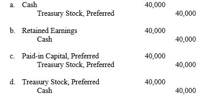 Use the following information to answer the question below. The following transactions involving Lupine Corporation occurred during the year: Apr) 1 Purchased 2,000 shares of its own preferred stock for $20, the current market price. This is the first transaction involving its own stock engaged in by the company. May 3 Sold 400 of the shares purchased on April 1 for $25 per share. June 5 Retired 600 of the shares purchased on April 1. The original issue price was $10. The par value of the stock is $5. The entry to record the April 1 transaction is :  