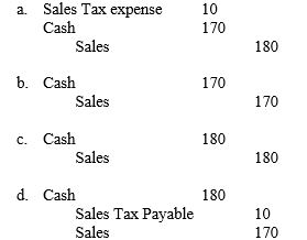A company receives $180 for a sale, of which $10 is for sales tax. The journal entry to record the sale is:  